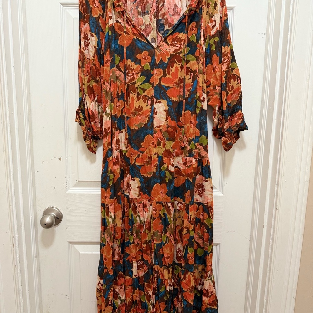 Easel Orange Midi Dress with V-Neck and Bishop Sleeves